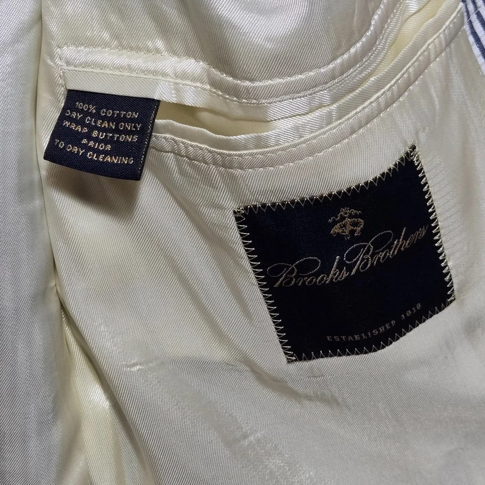 Brooks Brothers Mens Sz 44R Seersucker Blazer Pants Set Blue White Striped W38